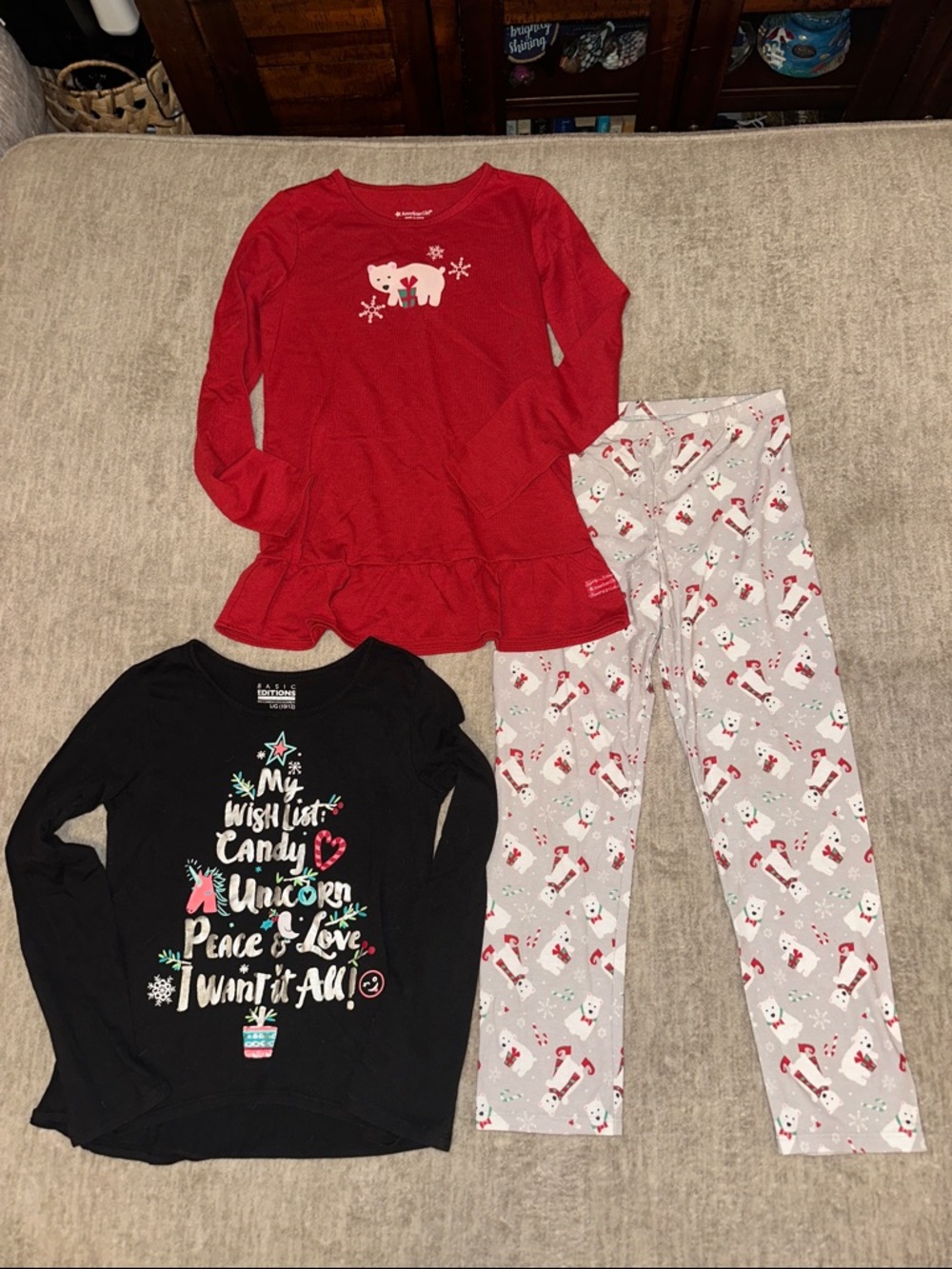 American Girl Red Polar Bear Ruffle Hem Pajama Top with Gray Holiday Print Pants